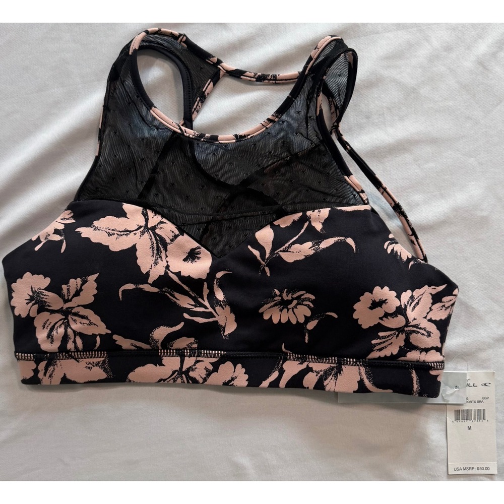 O'Neill Clara Sports Bra Black Pink Floral Mesh‎ High Neck Medium SU7475003 NWT
